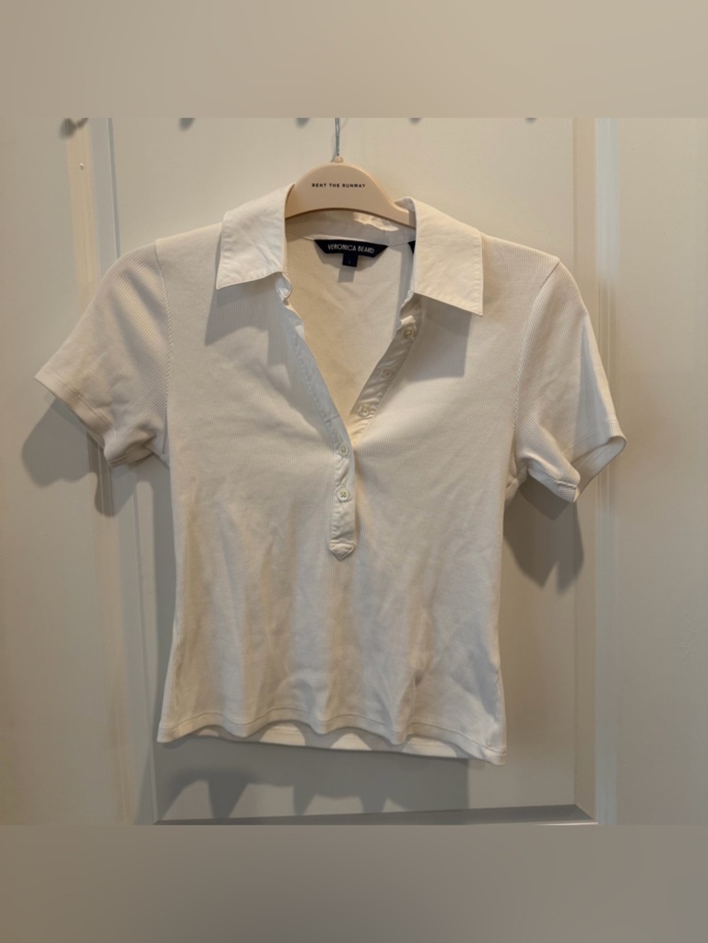 Veronica Beard Cream Short-Sleeve Ribbed Polo Top - Picture 2 of 4
